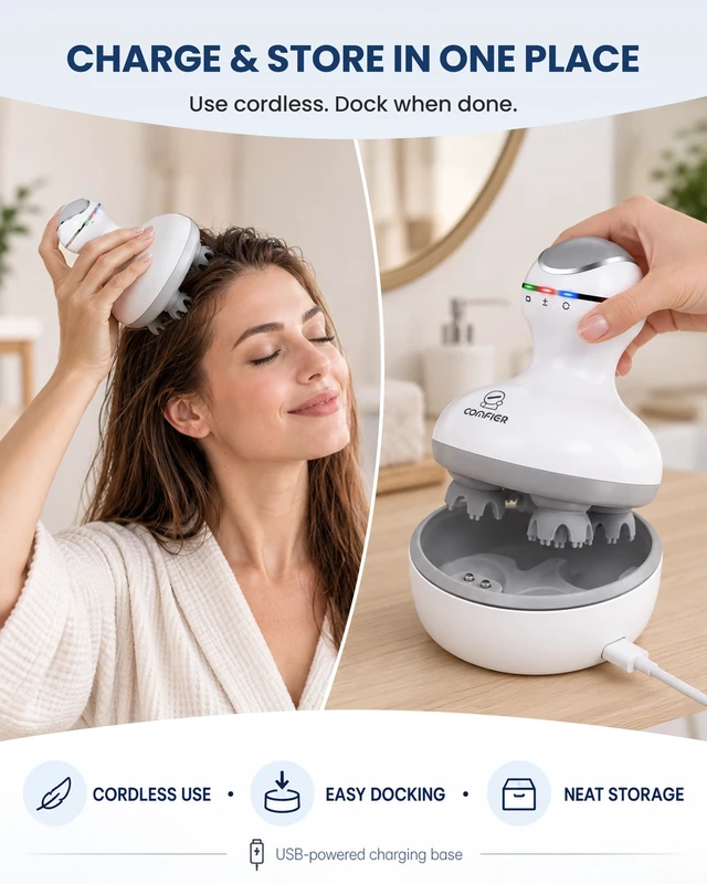 Alt view image 6 of 7 - Scalp Massager for Hair Growth, Electric Head Massager, Tangle-Free | Cordless 4-Head Kneading with 84 Massage Nodes, 2 Speeds, Dual-Direction Rotation, Soft Silicone Heads and Charging Base