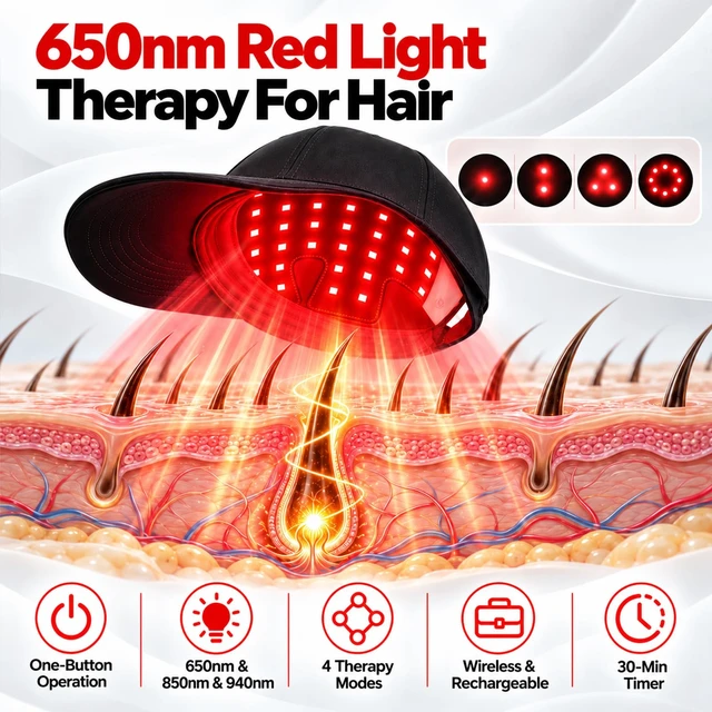 Alt view image 2 of 7 - Laser Hair Growth Cap, 650nm LLLT Red Light Therapy Cap, Black | Hair Growth Device for Men & Women, Helps Improve Thinning Hairline & Crown, Rechargeable, Comfortable Wear