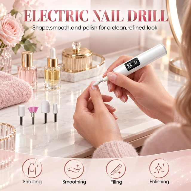 Alt view image 2 of 7 - Electric Nail Drill,Cordless Nail Drill with LED Light,USB-C Charging,1PC | 3-Speed Rechargeable,Electric Nail Drill Nail File For Women,Nail Buffer & Polisher,4 Grinding Bits for Home Nail Care