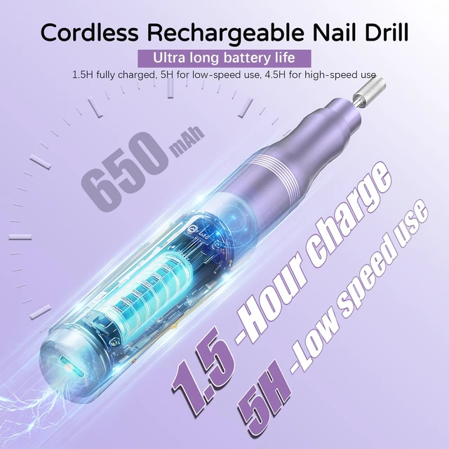 Alt view image 2 of 7 - Electric Nail Drill Professional Kit, Cordless Rechargeable Nail File Set | Adjustable Speed,Forward/Reverse,Portable Nail Drill Grinder,Toe Acrylic Gel Removal Cuticle Polishing Home Salon Nail Care