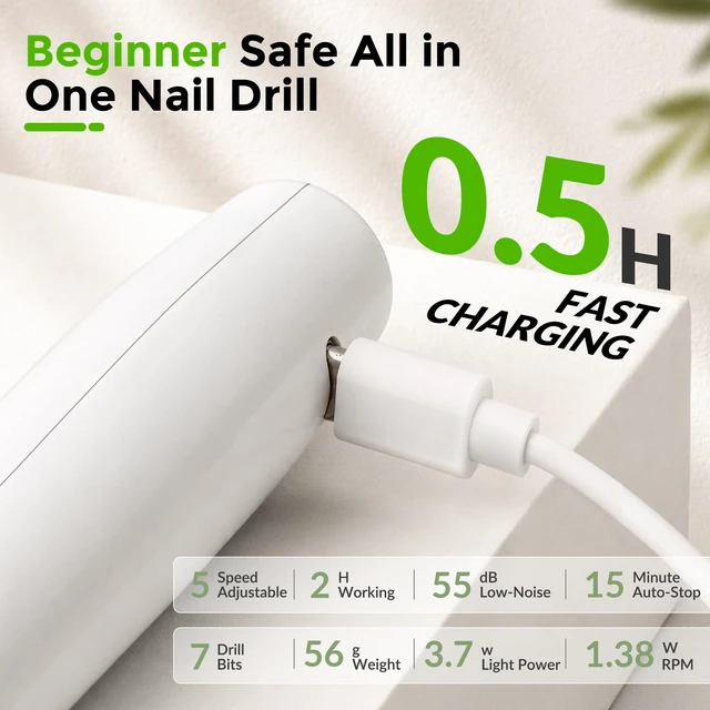 Alt view image 4 of 7 - Portable Cordless Electric Nail Drill Kit with UV-LED Light for Beginners | Safe Precise Control,5-Speed LED Display,Manicure & Pedicure Kit,Home & Travel for Nail Art Practice