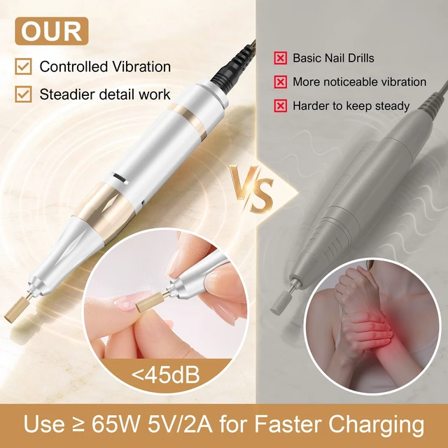 Alt view image 5 of 7 - Nail Drill Professional Cordless Electric Nail File | 45000RPM for Beginners, Acrylic & Nail Prep, Rechargeable Portable E file, Gel Polish Removal, Drill Bit Set, Salon Manicure