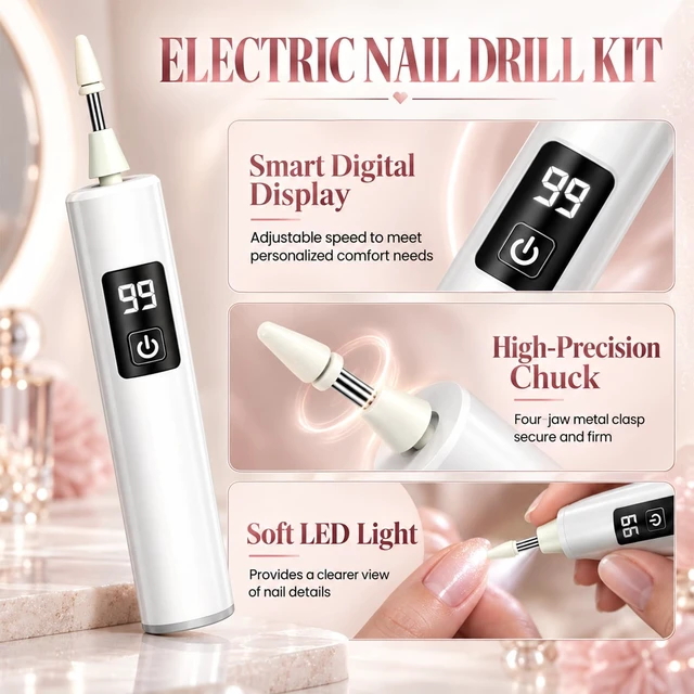 Alt view image 3 of 7 - Cordless Electric Nail File 3-Speed Rechargeable Nail | USB-C Charging, Built-In LED Light, Lightweight Manicure Tool for Shaping, Buffing & Cuticle Care