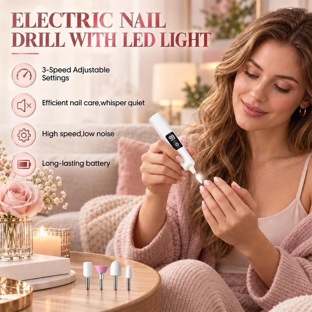 Alt view image 6 of 7 - Cordless Electric Nail File 3-Speed Rechargeable Nail | USB-C Charging, Built-In LED Light, Lightweight Manicure Tool for Shaping, Buffing & Cuticle Care