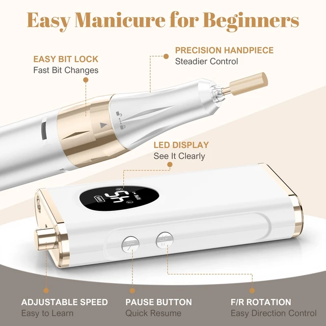 Alt view image 7 of 7 - Nail Drill Professional Cordless Electric Nail File | 45000RPM for Beginners, Acrylic & Nail Prep, Rechargeable Portable E file, Gel Polish Removal, Drill Bit Set, Salon Manicure
