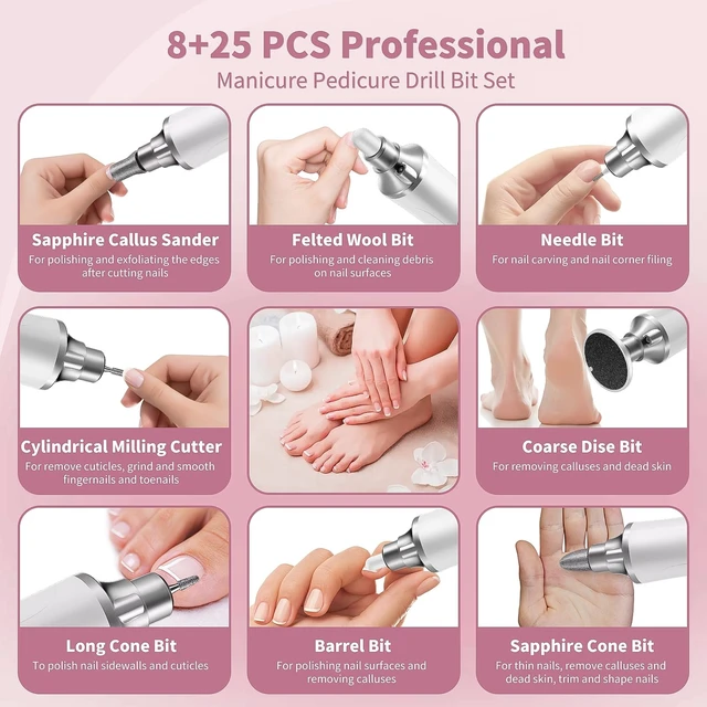Alt view image 5 of 7 - Electric Nail Drill Kit, Cordless | Manicure Pedicure Kit with Memory Modes, 15 Speed Portable, Callus Remover with 25Pcs Sandpaper Discs