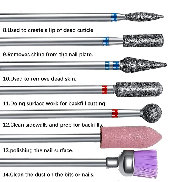Alt view image 5 of 7 - 14pcs Nail Drill Bits Set, 3/32" Diamond Cuticle Remover Bits Kit | Professional Rotary Burrs for Acrylic Gel Nails, Electric Manicure Cuticle Pedicure Nail File Bit Salon Tools