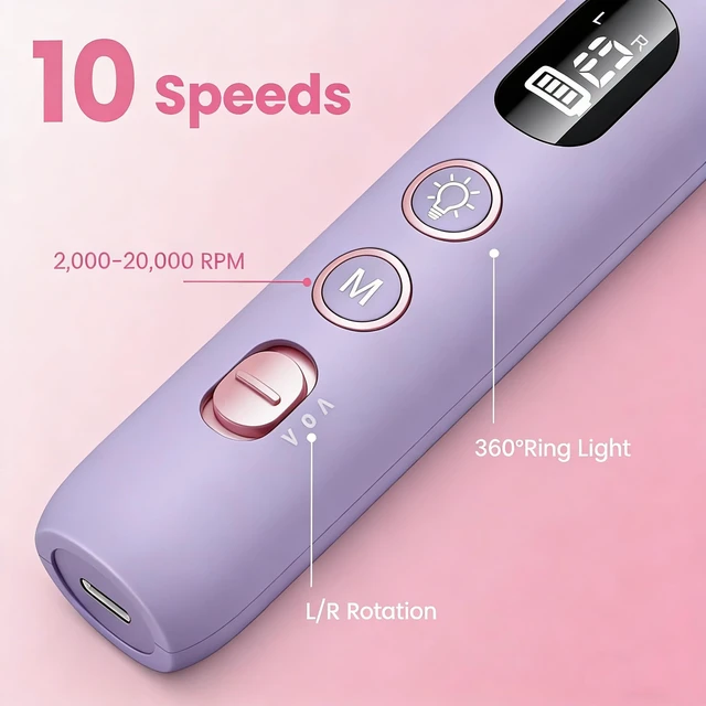 Alt view image 2 of 7 - Electric Nail Drill,Purple Electric Nail File with 10 Speeds,10 Bits & LED Light,for Acrylic Nails,Gel Polish Removal,Thick ToenailsBeginner-Friendly