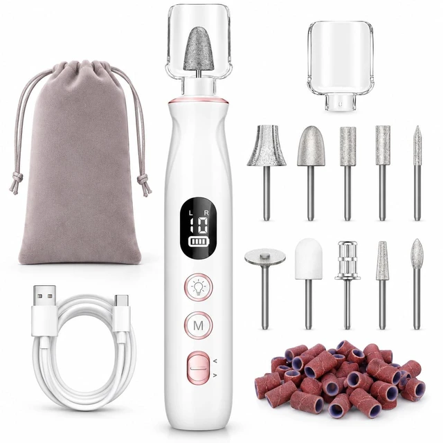 Main image of Electric Nail Drill,20,000 RPM Cordless Nail File Kit,White | 10 speeds,dual rotation,LED light,dust cover,2000mAh battery,8-hour runtime,low-noise motor,thick toenail care