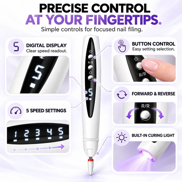 Alt view image 5 of 6 - Electric Nail File Drill Grinder for Thick Toenails Rechargeable Cordless Professional Manicure Pedicure Tool Buffer Sander Toe Fingernail Care Kit Adults Seniors Digital Display