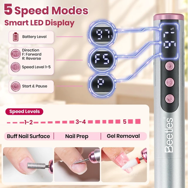 Alt view image 4 of 7 - Cordless Nail Drill, 7 Bits Electric Nail File 5 Speeds LED Display | Rechargeable Electric Nail Drill 0-15000 RPM for Nail Tips Gel Polish Removal, Prep Cuticle Care Drill Nails Machine DIY Home