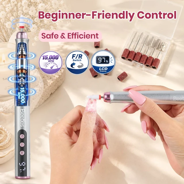 Alt view image 2 of 7 - Cordless Nail Drill, 7 Bits Electric Nail File 5 Speeds LED Display | Rechargeable Electric Nail Drill 0-15000 RPM for Nail Tips Gel Polish Removal, Prep Cuticle Care Drill Nails Machine DIY Home