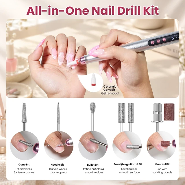 Alt view image 5 of 7 - Cordless Nail Drill, 7 Bits Electric Nail File 5 Speeds LED Display | Rechargeable Electric Nail Drill 0-15000 RPM for Nail Tips Gel Polish Removal, Prep Cuticle Care Drill Nails Machine DIY Home