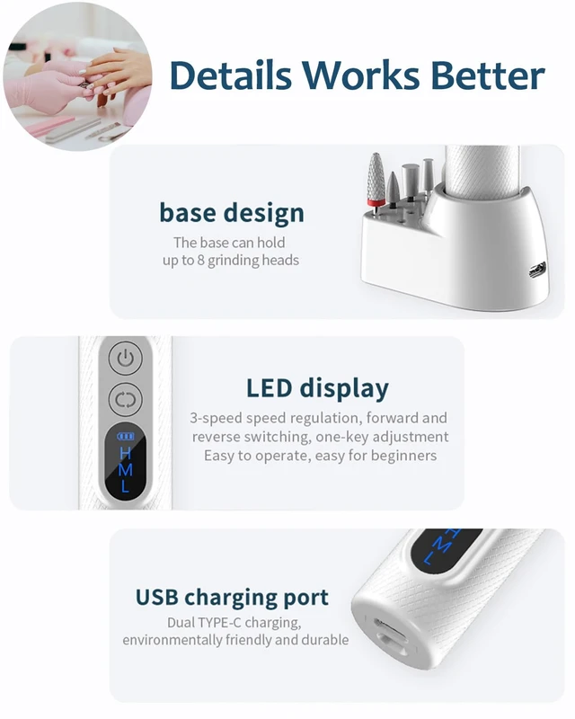 Alt view image 5 of 7 - Portable Electric Nail Drill for Women - Efile Nail Grinder Tool for Fingers Toenails Acrylic Nails - 18000 PRM Rechargeable Manicure Pedicure Polishing Cuticle Nail Buffer for Home Salon Use
