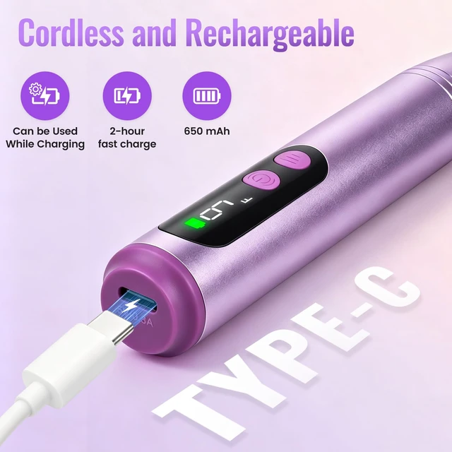 Alt view image 3 of 7 - Cordless Electric Nail Drill File Kit with Storage Case for Acrylic Gel | Rechargeable, 12 Drill Bits, Low Noise, Low Heat, 9 Speeds, Reverse, Nail brush, Portable All-in-One Kit for Salon and Home