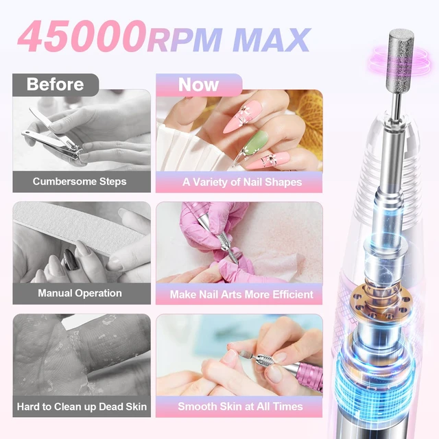 Alt view image 2 of 7 - Portable Nail Drill Professional, 45000RPM Rechargeable Nail Drill Electric File Machine for Acrylic Gel Polish Remover, Cordless Nail Kit for Manicure Pedicure with 11 Bits for Salon Home