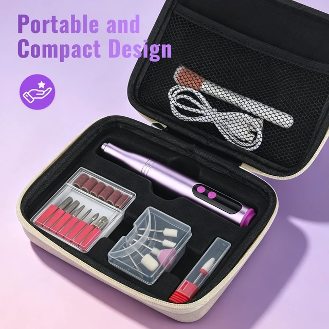 Alt view image 5 of 7 - Cordless Electric Nail Drill File Kit with Storage Case for Acrylic Gel | Rechargeable, 12 Drill Bits, Low Noise, Low Heat, 9 Speeds, Reverse, Nail brush, Portable All-in-One Kit for Salon and Home