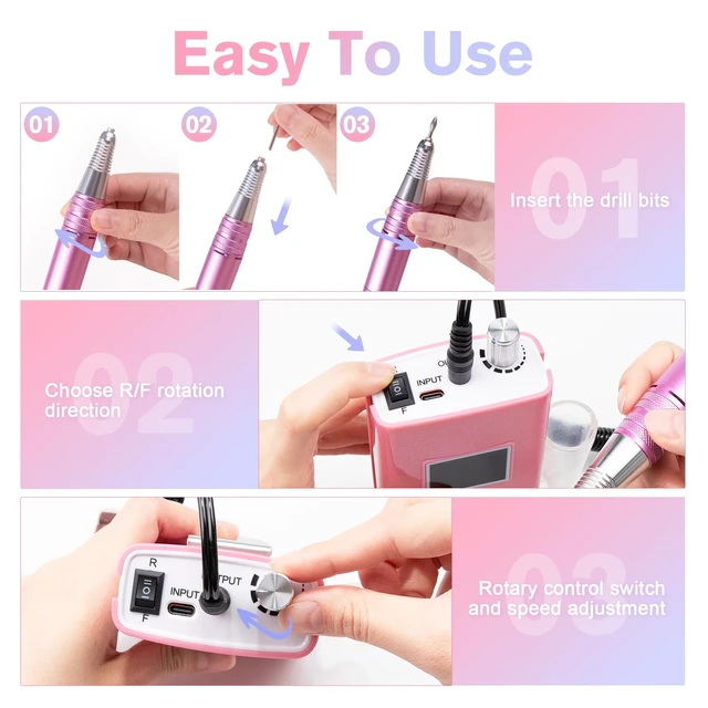 Alt view image 4 of 7 - Portable Nail Drill Professional, 45000RPM Rechargeable Nail Drill Electric File Machine for Acrylic Gel Polish Remover, Cordless Nail Kit for Manicure Pedicure with 11 Bits for Salon Home