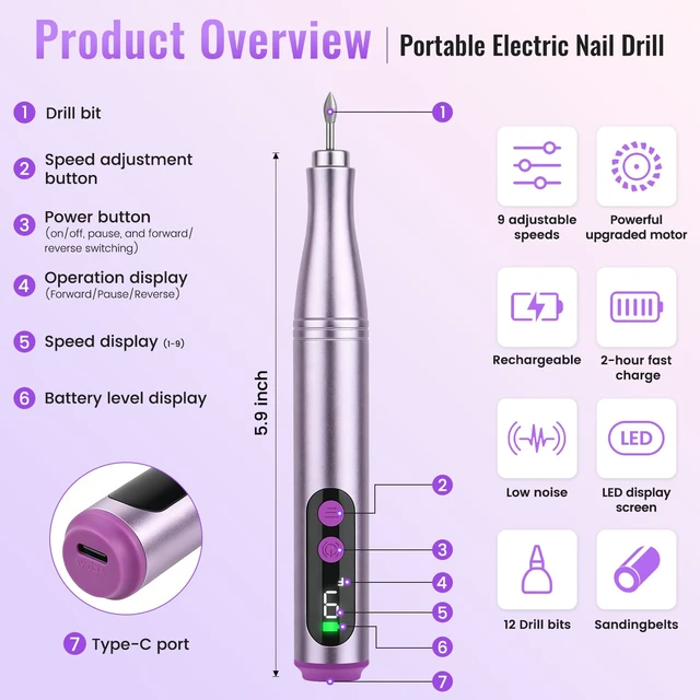 Alt view image 2 of 7 - Cordless Electric Nail Drill File Kit with Storage Case for Acrylic Gel | Rechargeable, 12 Drill Bits, Low Noise, Low Heat, 9 Speeds, Reverse, Nail brush, Portable All-in-One Kit for Salon and Home