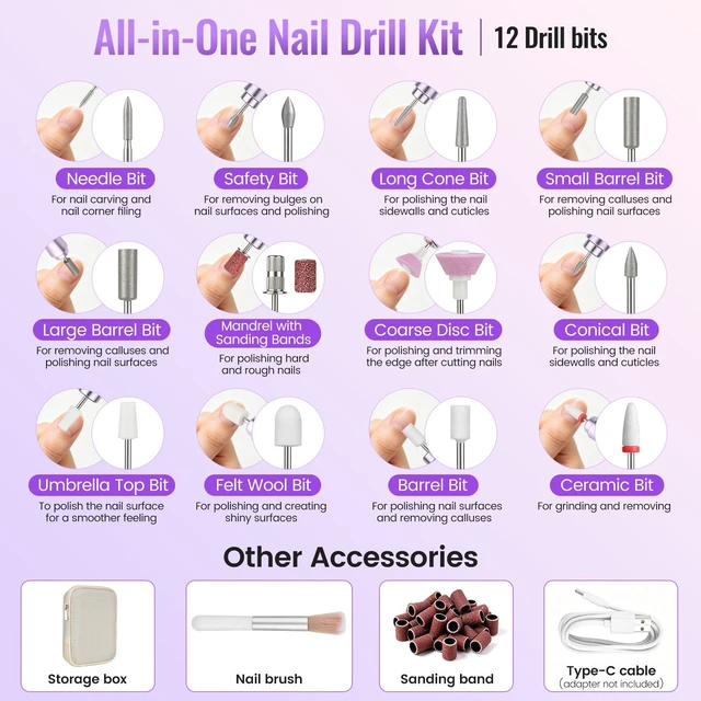 Alt view image 6 of 7 - Cordless Electric Nail Drill File Kit with Storage Case for Acrylic Gel | Rechargeable, 12 Drill Bits, Low Noise, Low Heat, 9 Speeds, Reverse, Nail brush, Portable All-in-One Kit for Salon and Home