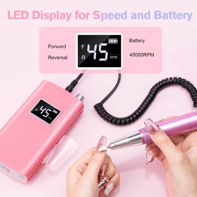 Alt view image 7 of 7 - Portable Nail Drill Professional, 45000RPM Rechargeable Nail Drill Electric File Machine for Acrylic Gel Polish Remover, Cordless Nail Kit for Manicure Pedicure with 11 Bits for Salon Home