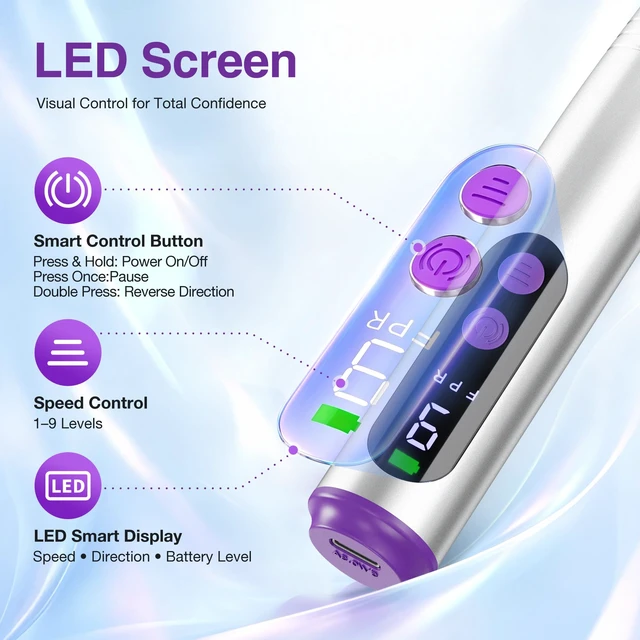 Alt view image 2 of 7 - Cordless Electric Nail Drill, Nail File Kit with LED Display9 SpeedSilver Rechargeable Powerful , Portable Manicure Pedicure Machine for Acrylic and Nails, Versatile for Home Salon, Low Noise, Light
