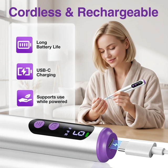 Alt view image 3 of 7 - Cordless Electric Nail Drill, Nail File Kit with LED Display9 SpeedSilver Rechargeable Powerful , Portable Manicure Pedicure Machine for Acrylic and Nails, Versatile for Home Salon, Low Noise, Light