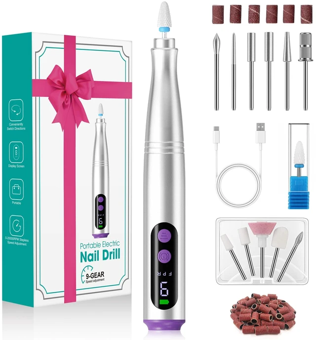 Main image of Cordless Electric Nail Drill, Nail File Kit with LED Display9 SpeedSilver Rechargeable Powerful , Portable Manicure Pedicure Machine for Acrylic and Nails, Versatile for Home Salon, Low Noise, Light