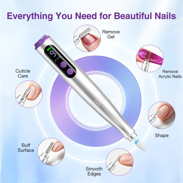 Alt view image 5 of 7 - Cordless Electric Nail Drill, Nail File Kit with LED Display9 SpeedSilver Rechargeable Powerful , Portable Manicure Pedicure Machine for Acrylic and Nails, Versatile for Home Salon, Low Noise, Light