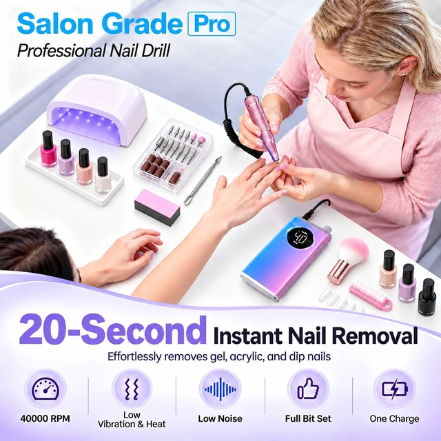 Alt view image 2 of 7 - Nail Drill Professional 40000RPM 20S Fast Removal for Acrylic Nails | 20S Nail Removal, 812H Battery Life, Low Noise, Rechargeable Electric Nail File Kit with Complete Bit Set for Salon Home DIY