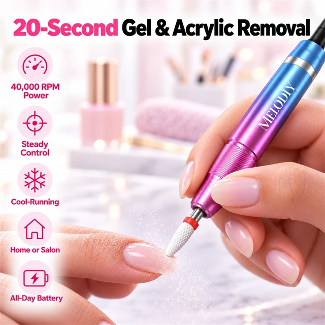 Alt view image 3 of 7 - Nail Drill Professional 40000RPM 20S Fast Removal for Acrylic Nails | 20S Nail Removal, 812H Battery Life, Low Noise, Rechargeable Electric Nail File Kit with Complete Bit Set for Salon Home DIY