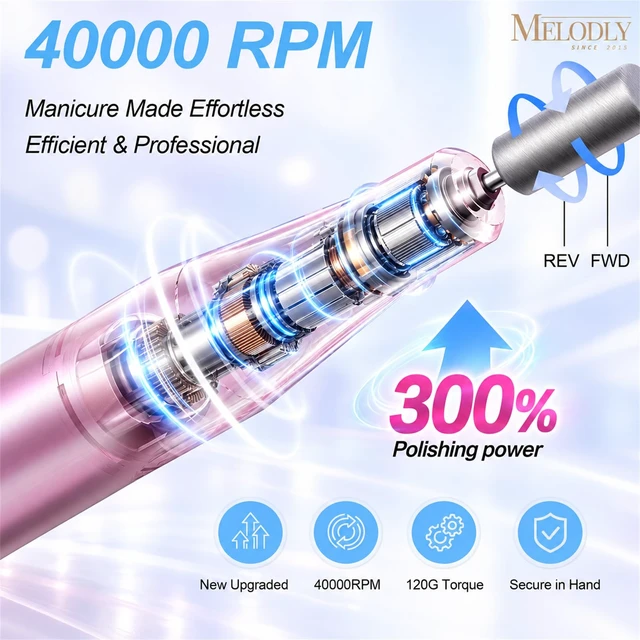 Alt view image 4 of 7 - Nail Drill Professional 40000RPM 20S Fast Removal for Acrylic Nails | 20S Nail Removal, 812H Battery Life, Low Noise, Rechargeable Electric Nail File Kit with Complete Bit Set for Salon Home DIY