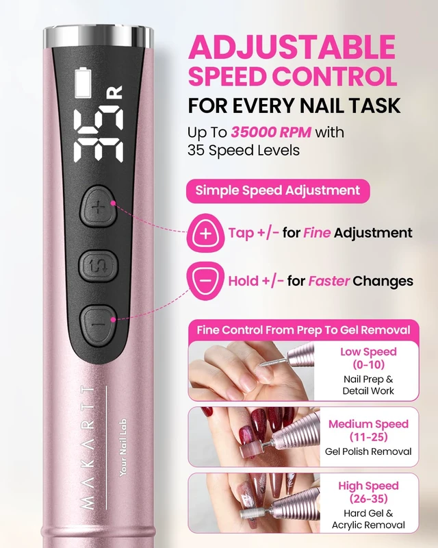 Alt view image 3 of 7 - Nail Drill Kit for Beginners: 35000RPM Cordless Electric Nail File | 35 Levels, 109g Aluminum Pen Design, LCD Display, F/R Rotation, Twist-Lock Bit Change, Low Noise for Home Gel Removal