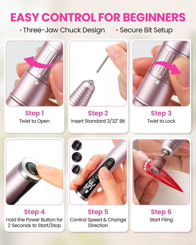 Alt view image 5 of 7 - Nail Drill Kit for Beginners: 35000RPM Cordless Electric Nail File | 35 Levels, 109g Aluminum Pen Design, LCD Display, F/R Rotation, Twist-Lock Bit Change, Low Noise for Home Gel Removal