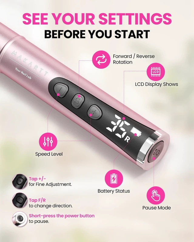 Alt view image 6 of 7 - Nail Drill Kit for Beginners: 35000RPM Cordless Electric Nail File | 35 Levels, 109g Aluminum Pen Design, LCD Display, F/R Rotation, Twist-Lock Bit Change, Low Noise for Home Gel Removal