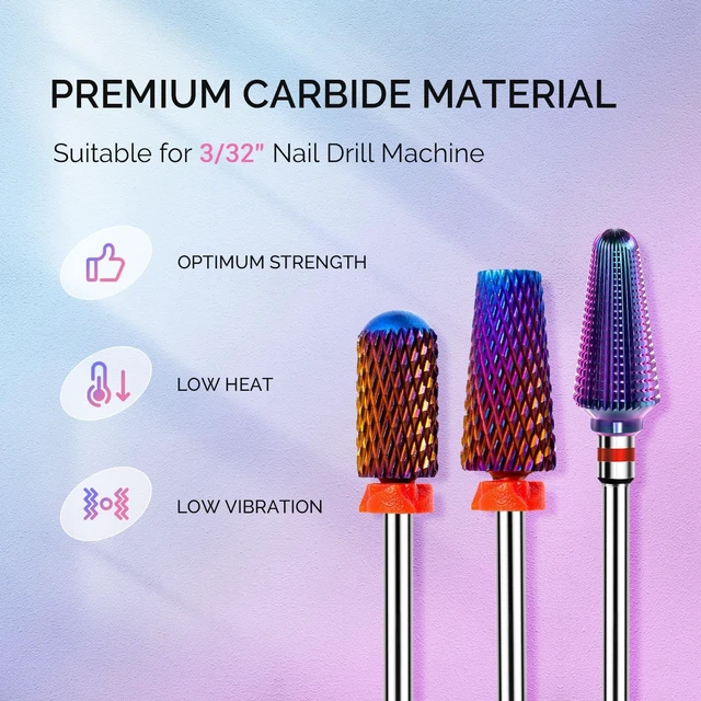 Alt view image 2 of 7 - 3Pcs Nail Drill Bits Set, 3/32'' Carbide Tungsten Bits, 5 in 1, Smooth Round Top Large Barrel and Tornado Bits, Suitable for Manicure Pedicure Cuticle Gel Acrylic Remover, Purple