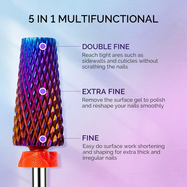 Alt view image 3 of 7 - 3Pcs Nail Drill Bits Set, 3/32'' Carbide Tungsten Bits, 5 in 1, Smooth Round Top Large Barrel and Tornado Bits, Suitable for Manicure Pedicure Cuticle Gel Acrylic Remover, Purple