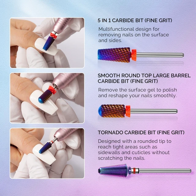 Alt view image 4 of 7 - 3Pcs Nail Drill Bits Set, 3/32'' Carbide Tungsten Bits, 5 in 1, Smooth Round Top Large Barrel and Tornado Bits, Suitable for Manicure Pedicure Cuticle Gel Acrylic Remover, Purple