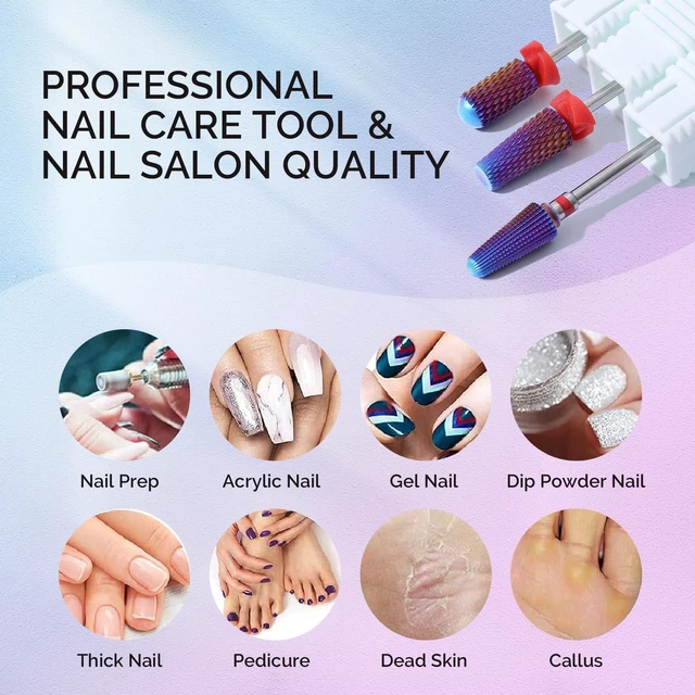 Alt view image 5 of 7 - 3Pcs Nail Drill Bits Set, 3/32'' Carbide Tungsten Bits, 5 in 1, Smooth Round Top Large Barrel and Tornado Bits, Suitable for Manicure Pedicure Cuticle Gel Acrylic Remover, Purple