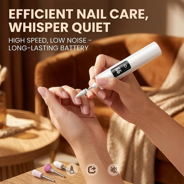 Alt view image 7 of 7 - Electric Nail Drill Nail File with LED Display and Nail Light, 1 PC | 3-Speed Settings, Nail Buffer & Polisher, 4 Grinding Bits, Manicure & Pedicure, Portable Kit