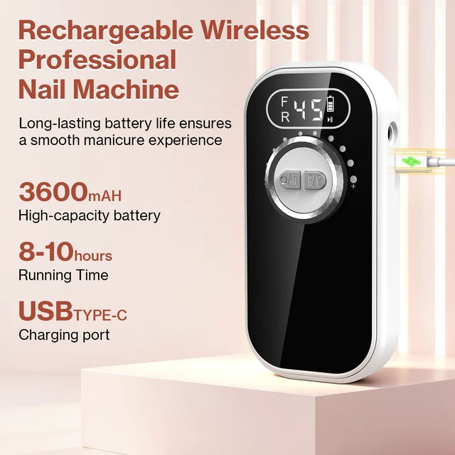Alt view image 2 of 7 - Nail Drill 45000RPM Cordless Electric Nail File Manicure Kit,White | Professional & Rechargeable, 12 Drill Bits, Forward/Reverse, Removing for Acrylic/Gel/Natural Nails,Home/Salon Use