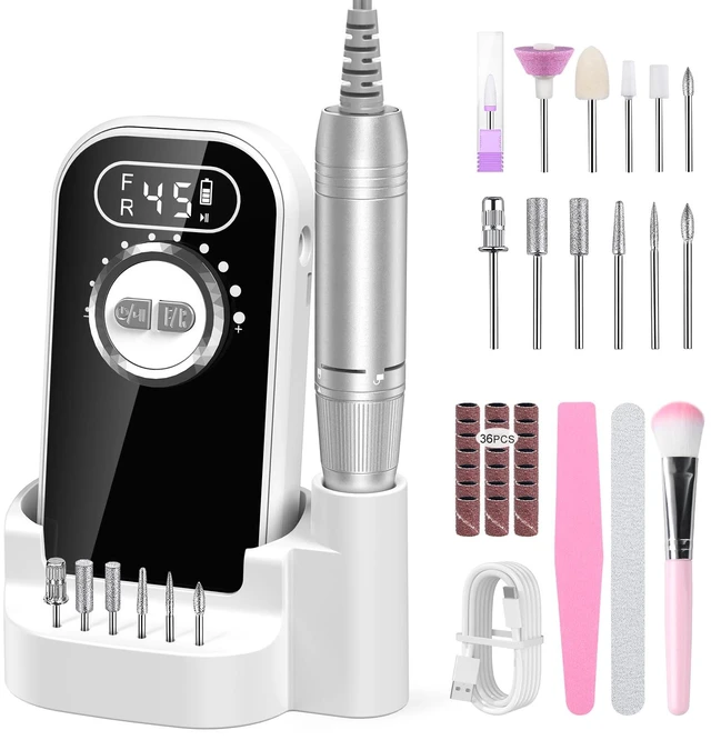 Main image of Nail Drill 45000RPM Cordless Electric Nail File Manicure Kit,White | Professional & Rechargeable, 12 Drill Bits, Forward/Reverse, Removing for Acrylic/Gel/Natural Nails,Home/Salon Use