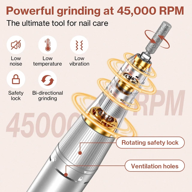 Alt view image 3 of 7 - Nail Drill 45000RPM Cordless Electric Nail File Manicure Kit,White | Professional & Rechargeable, 12 Drill Bits, Forward/Reverse, Removing for Acrylic/Gel/Natural Nails,Home/Salon Use