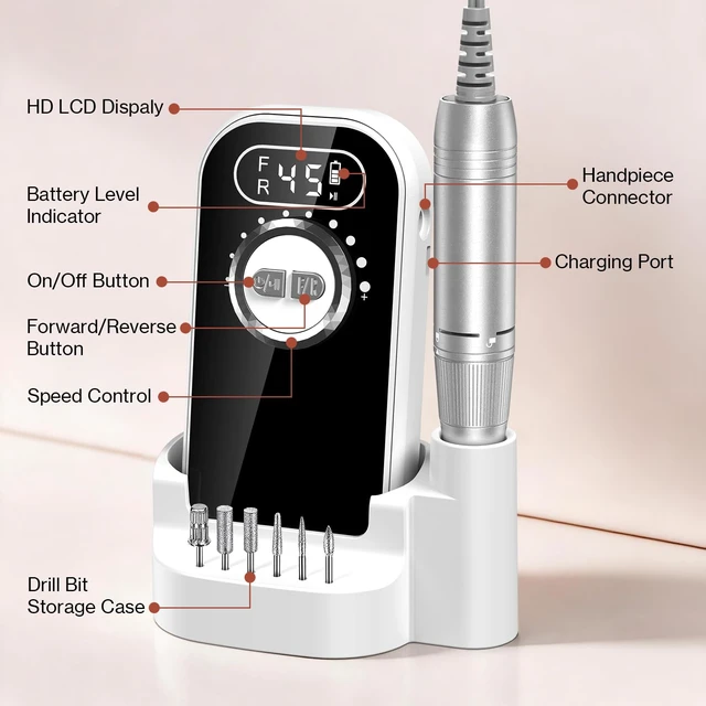 Alt view image 6 of 7 - Nail Drill 45000RPM Cordless Electric Nail File Manicure Kit,White | Professional & Rechargeable, 12 Drill Bits, Forward/Reverse, Removing for Acrylic/Gel/Natural Nails,Home/Salon Use