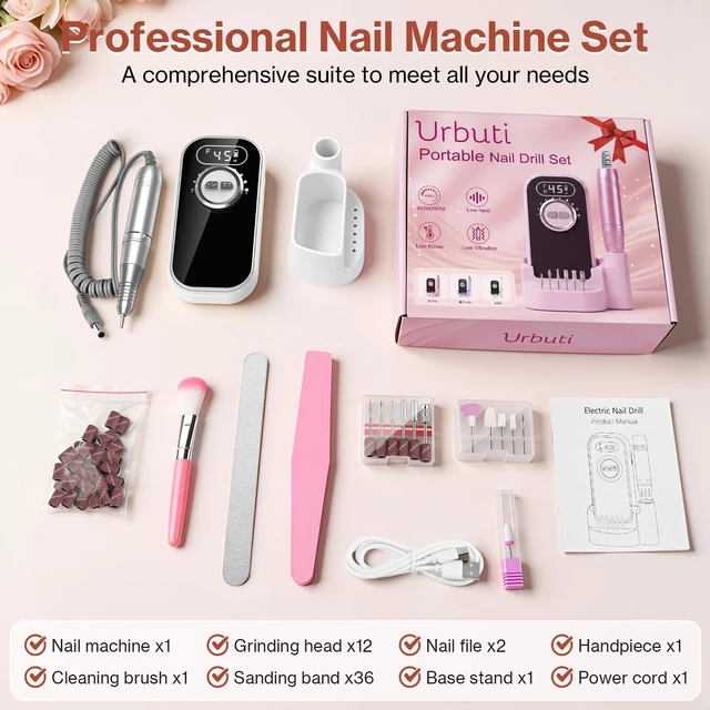Alt view image 7 of 7 - Nail Drill 45000RPM Cordless Electric Nail File Manicure Kit,White | Professional & Rechargeable, 12 Drill Bits, Forward/Reverse, Removing for Acrylic/Gel/Natural Nails,Home/Salon Use