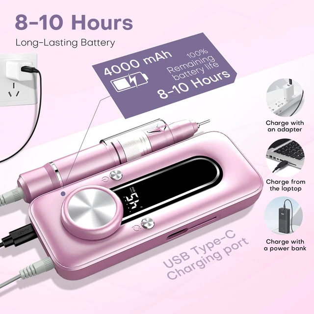 Alt view image 5 of 7 - Electric Nail Drill 45000 RPM, Cordless Nail File Drill Professional | 4000mAh Rechargeable, 8-12h Long-lasting, 11 Bits,Gel Nail Polish Remover,Adjustable Speed Low Noise,for Beginners Salon Home