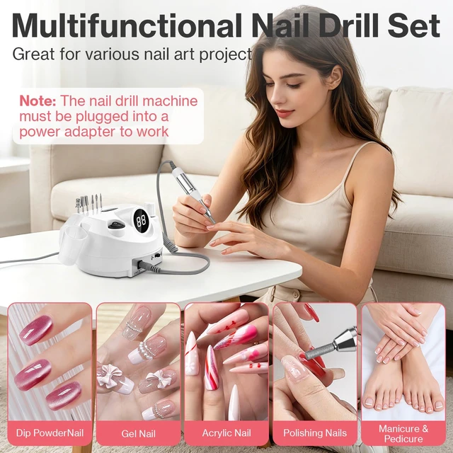 Alt view image 3 of 7 - Electric Nail Drill Foot Pedal 45000RPM,Professional Corded Nail Drill Machine for Acrylic and Gel Nails, LCD Display Electric Nail File with 12 Bits, Manicure Pedicure Tools for Home Salon,White
