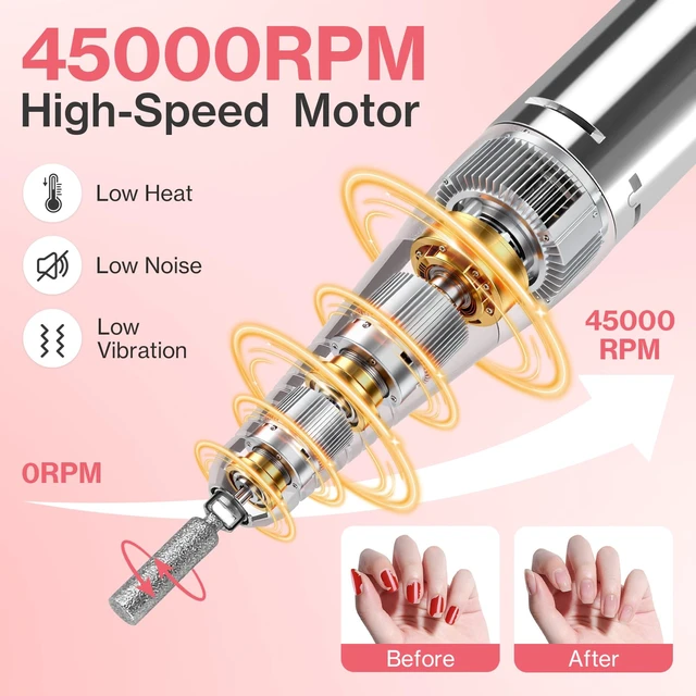 Alt view image 2 of 7 - Electric Nail Drill Foot Pedal 45000RPM,Professional Corded Nail Drill Machine for Acrylic and Gel Nails, LCD Display Electric Nail File with 12 Bits, Manicure Pedicure Tools for Home Salon,White