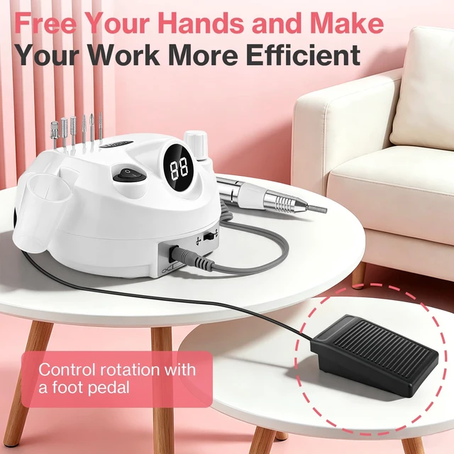 Alt view image 5 of 7 - Electric Nail Drill Foot Pedal 45000RPM,Professional Corded Nail Drill Machine for Acrylic and Gel Nails, LCD Display Electric Nail File with 12 Bits, Manicure Pedicure Tools for Home Salon,White
