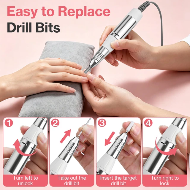 Alt view image 6 of 7 - Electric Nail Drill Foot Pedal 45000RPM,Professional Corded Nail Drill Machine for Acrylic and Gel Nails, LCD Display Electric Nail File with 12 Bits, Manicure Pedicure Tools for Home Salon,White